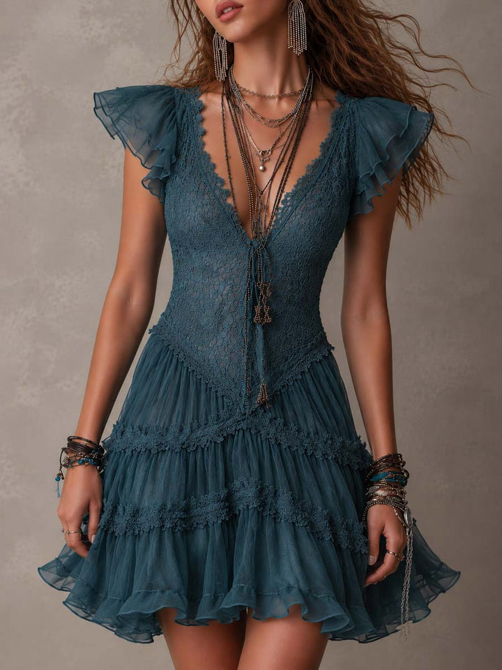 Delphine | Mini Vestido con Volantes de Encaje y Muselina Retro Azul
