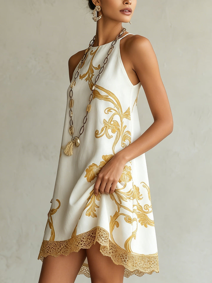 Héloïse | Mini Vestido de Encaje Blanco con Patrón Dorado