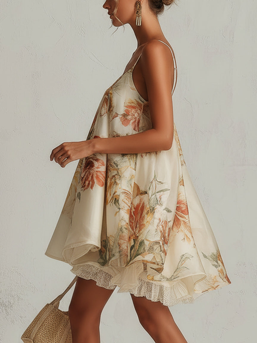 Blanche | Mini A-lijn Vestido en Organza de Flores Beiges con Acabado de Encaje