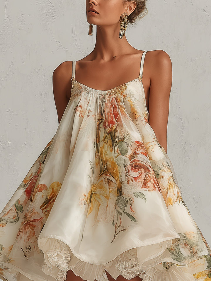Blanche | Mini A-lijn Vestido en Organza de Flores Beiges con Acabado de Encaje