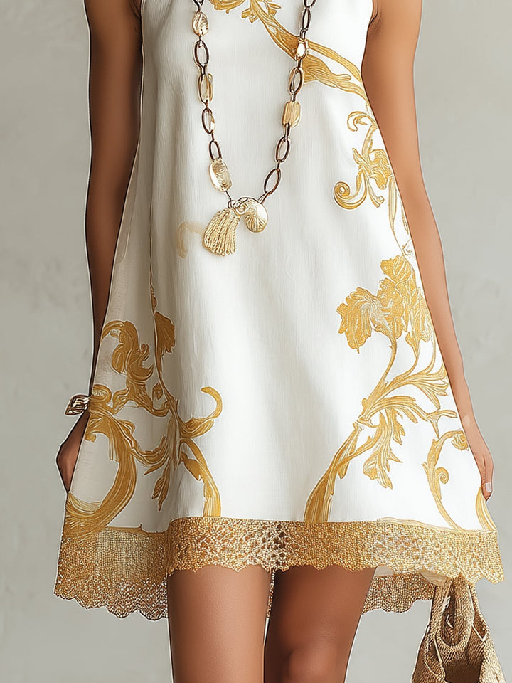 Héloïse | Mini Vestido de Encaje Blanco con Patrón Dorado