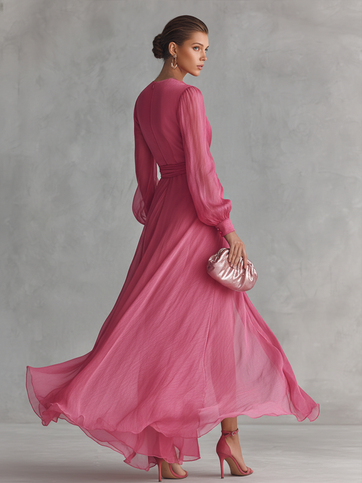 Ropa Larga Elegante de Chiffón Rosa con Perlas para Mujeres, Escote en V, Cintura Ceñida MDZ1925A7BA