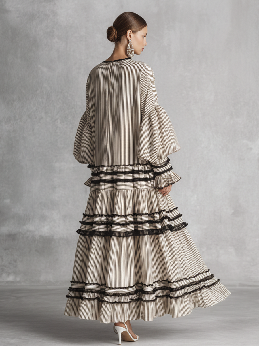 Vestido Maxi de Manga Larga en Mezcla de Algodón con Volantes a Rayas Boho para Mujeres MDZ1426B2BA