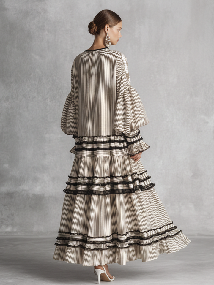Vestido Maxi de Manga Larga en Mezcla de Algodón con Volantes a Rayas Boho para Mujeres MDZ1426B2BA