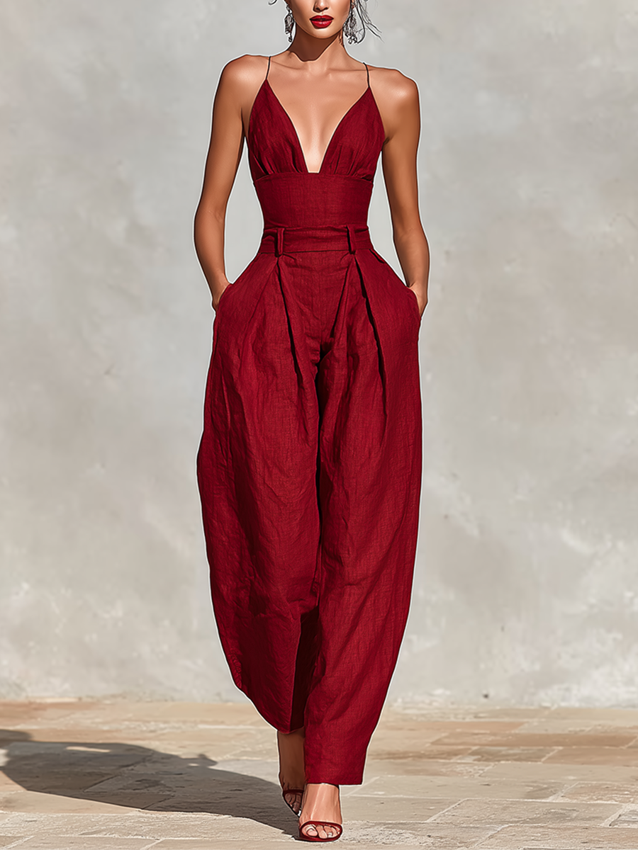 Mono de Lino Rojo para Mujeres con Tirantes Espagueti y Pantalón Plisado de Cintura Alta, Estilo Elegante y Romántico Atemporal MDZ1915C8I