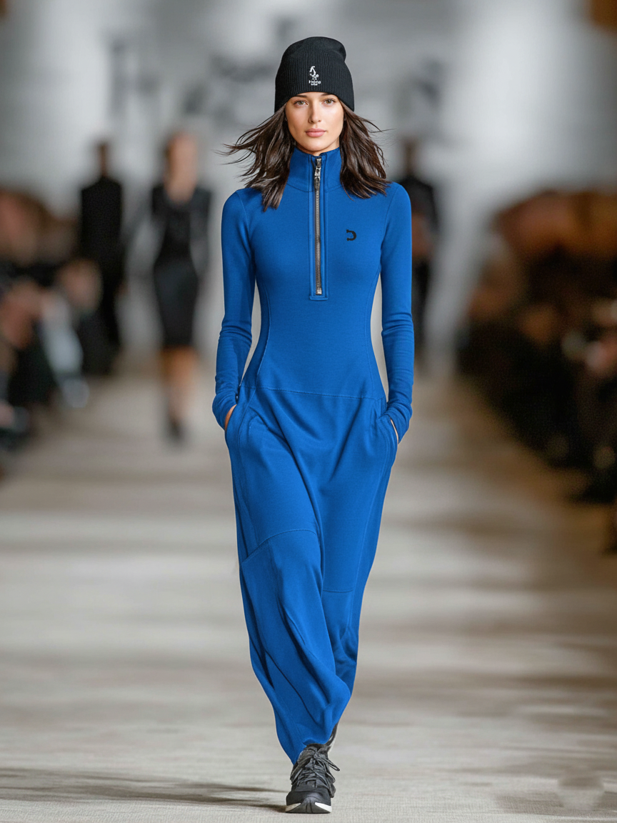 Robe Maxi Sport Femme en Mélange de Coton à Col Mi-Long et Fermeture Éclair MDA3197G9Y