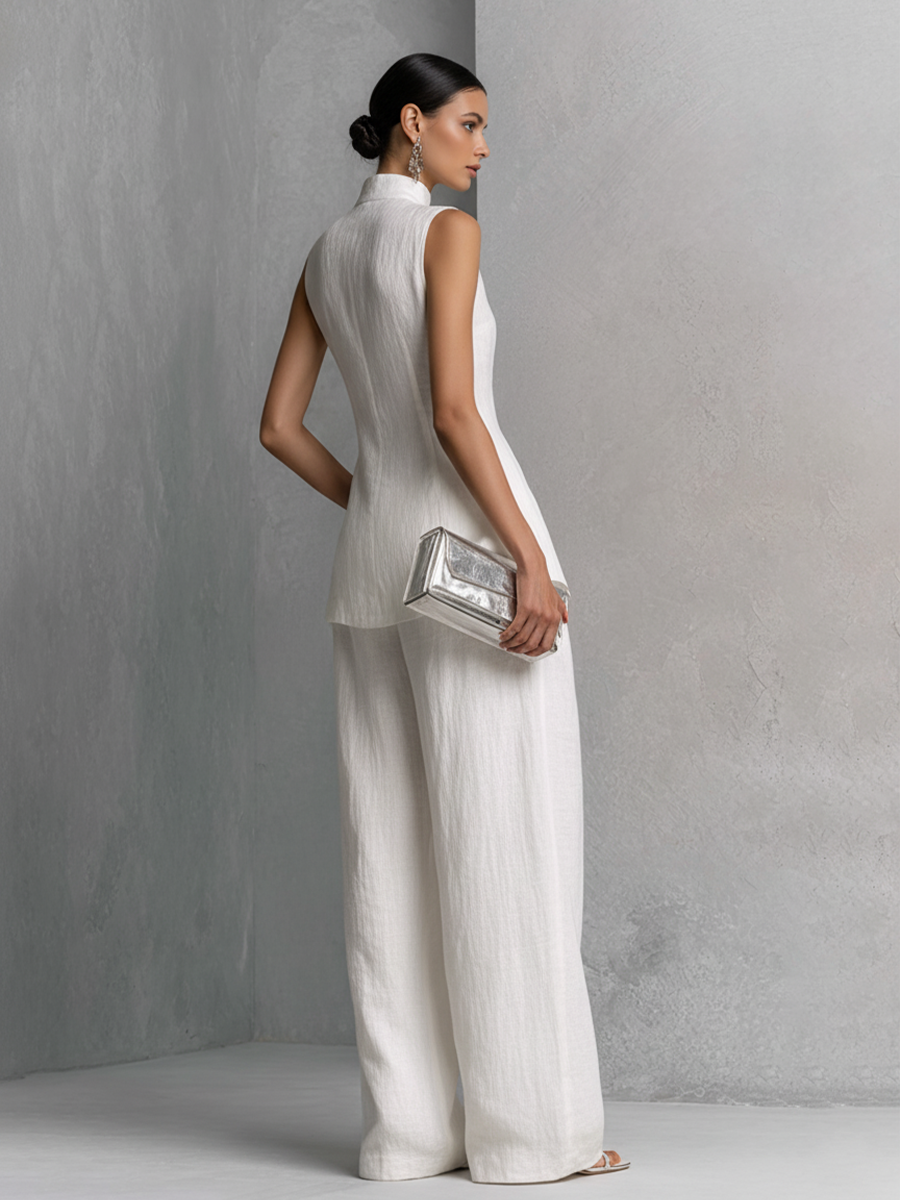 Conjunto de Top Sin Mangas y Pantalón Ancho de Algodón Lino Blanco Elegante para Mujeres MDZ0221B1BA