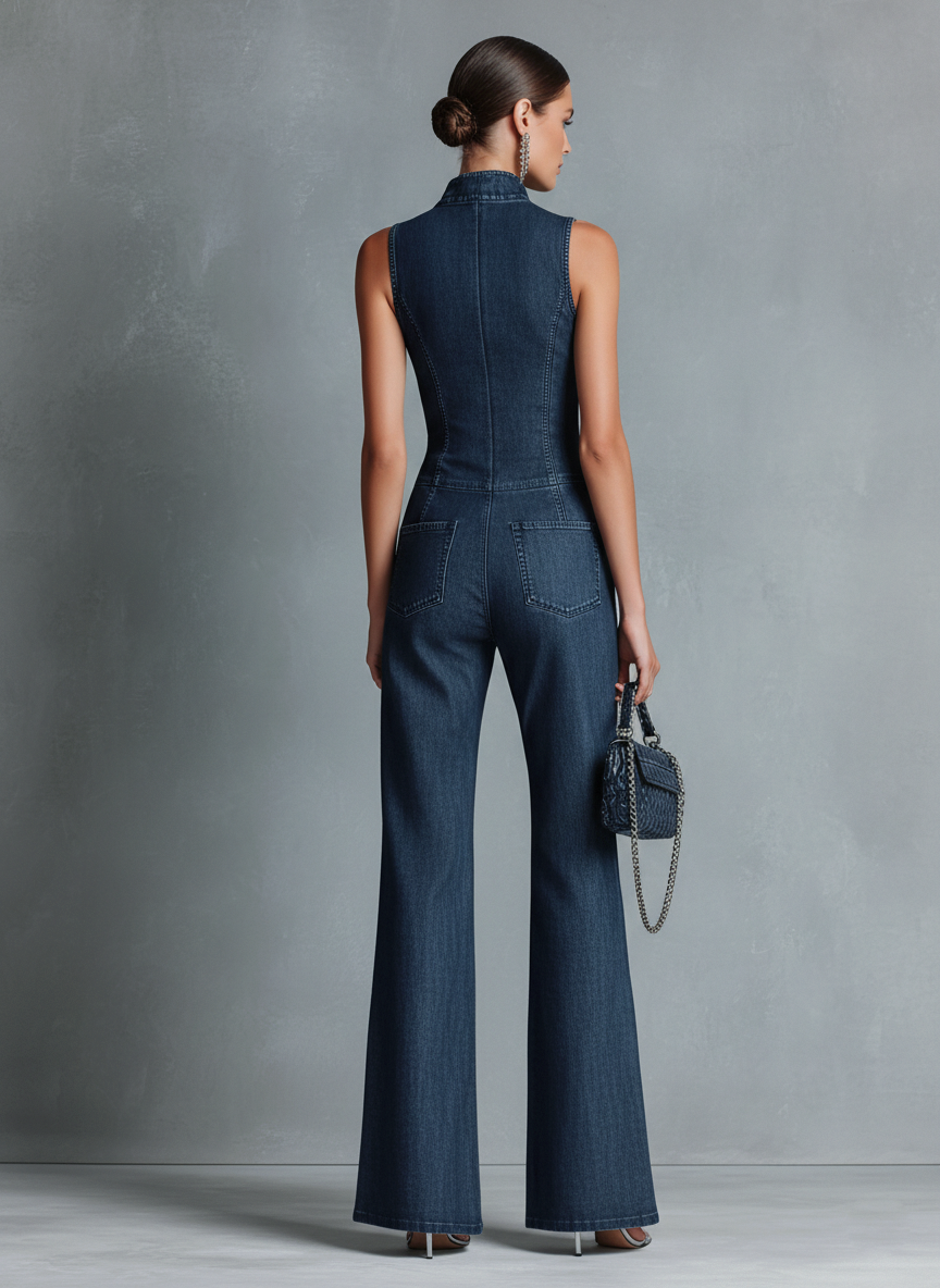 Mono Retro de Jean de Denim Azul Oscuro Sin Mangas con Cuello Alto y Pantalón Acampanado con Cierre MDZ1239B2BA