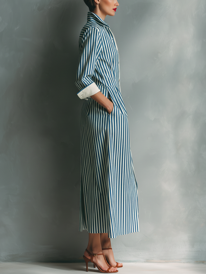 Vestido Camisero Rayado En Mezcla De Algodón Azul Y Blanco Para Mujeres Con Bolsillo Rojo MDZ1286C2T