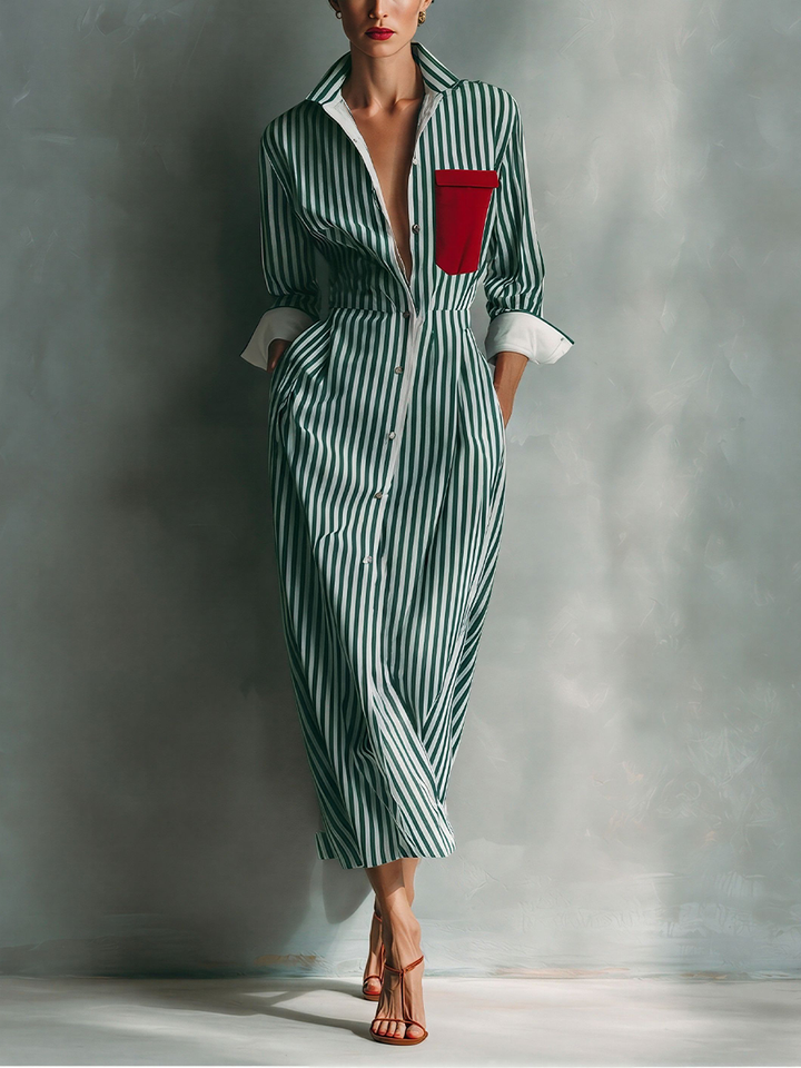 Vestido Camisero Rayado En Mezcla De Algodón Azul Y Blanco Para Mujeres Con Bolsillo Rojo MDZ1286C2T