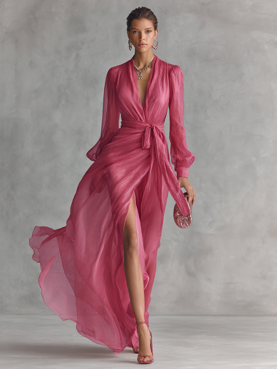 Ropa Larga Elegante de Chiffón Rosa con Perlas para Mujeres, Escote en V, Cintura Ceñida MDZ1925A7BA