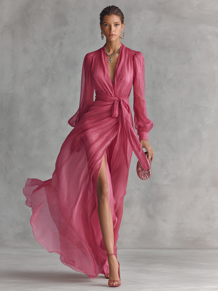 Ropa Larga Elegante de Chiffón Rosa con Perlas para Mujeres, Escote en V, Cintura Ceñida MDZ1925A7BA