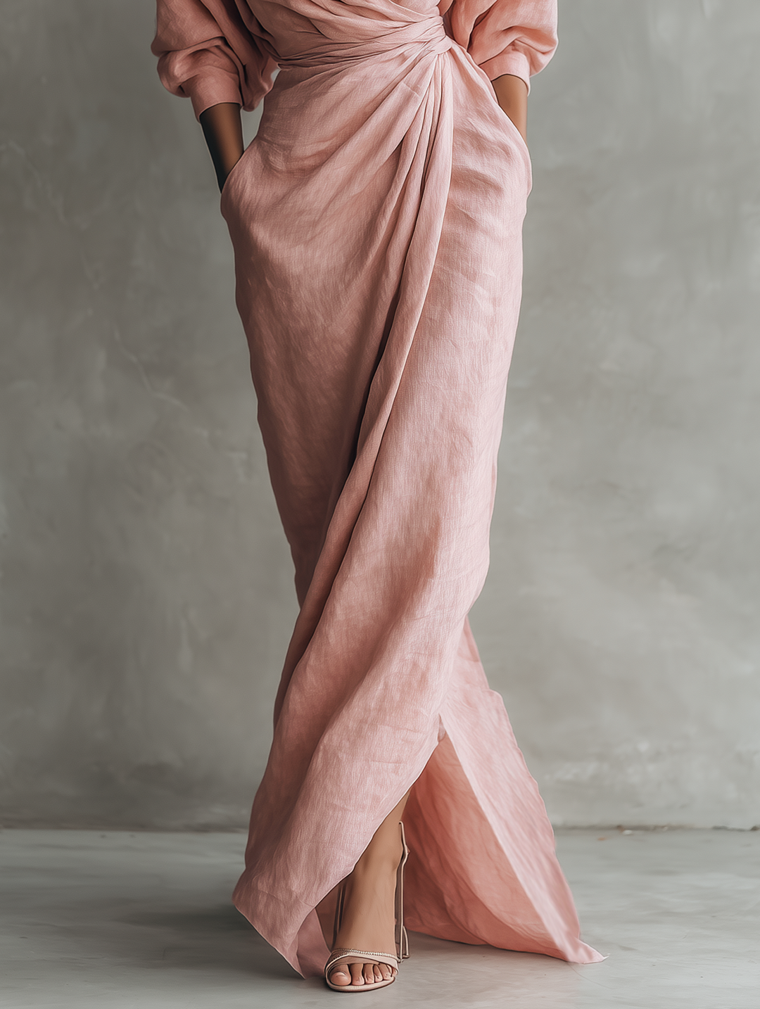 Robe Maxi en Lin Mélangé Minimaliste à Col V pour Femmes Rose MDA1655L0Y