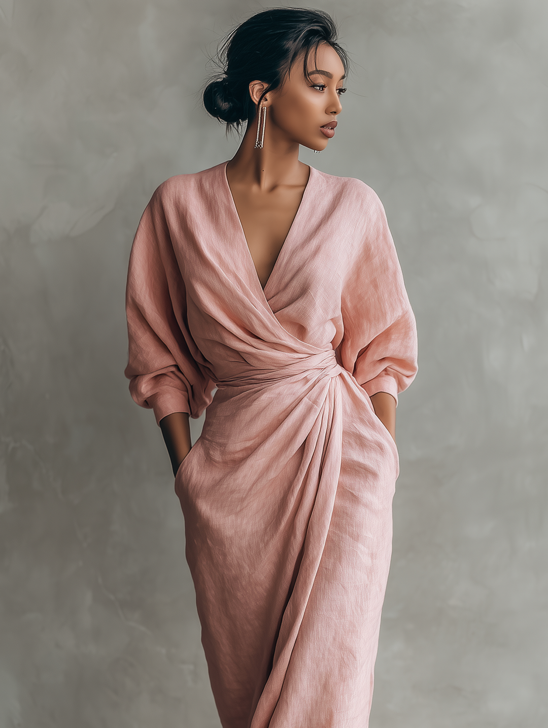 Robe Maxi en Lin Mélangé Minimaliste à Col V pour Femmes Rose MDA1655L0Y