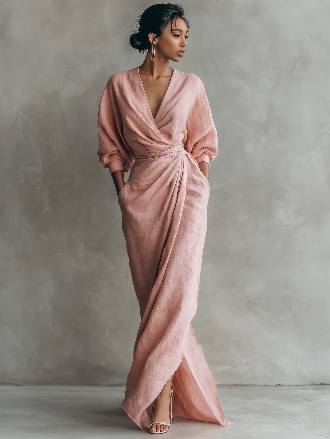Robe Maxi en Lin Mélangé Minimaliste à Col V pour Femmes Rose MDA1655L0Y