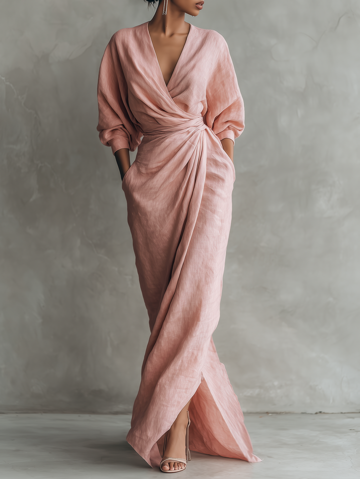 Robe Maxi en Lin Mélangé Minimaliste à Col V pour Femmes Rose MDA1655L0Y