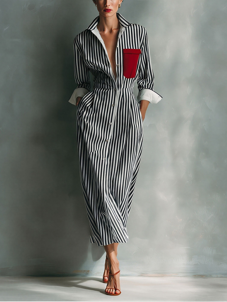 Vestido Camisero Rayado En Mezcla De Algodón Azul Y Blanco Para Mujeres Con Bolsillo Rojo MDZ1286C2T
