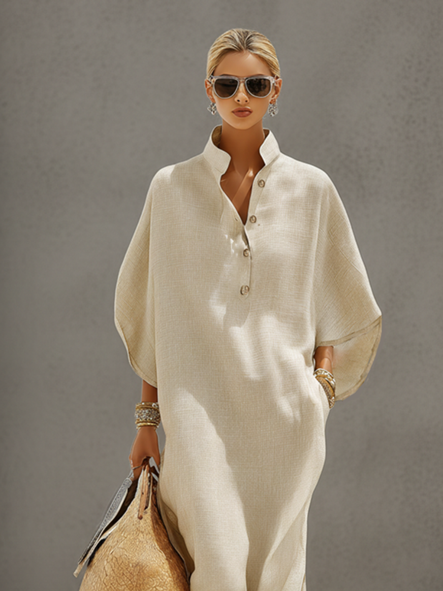 Ropa de Lino Avena para Mujeres con Cuello Mandarín y Mangas Dolman, Vestido de Estilo Resort-Casual Atemporal MDZ0552B1I