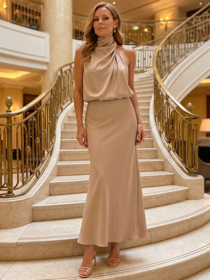 Nopal | Vestido Midi Sin Mangas con Cuello Drapé