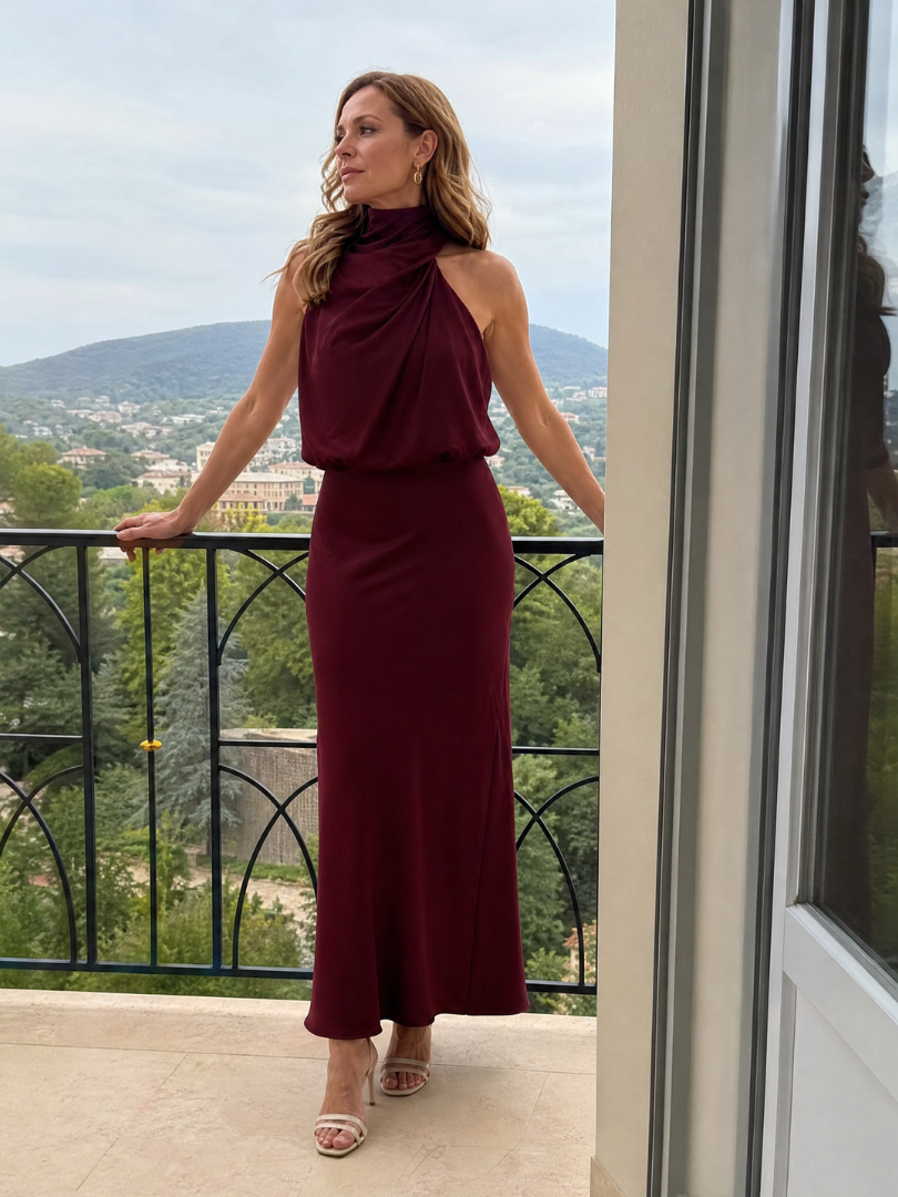 Nopal | Vestido Midi Sin Mangas con Cuello Drapé