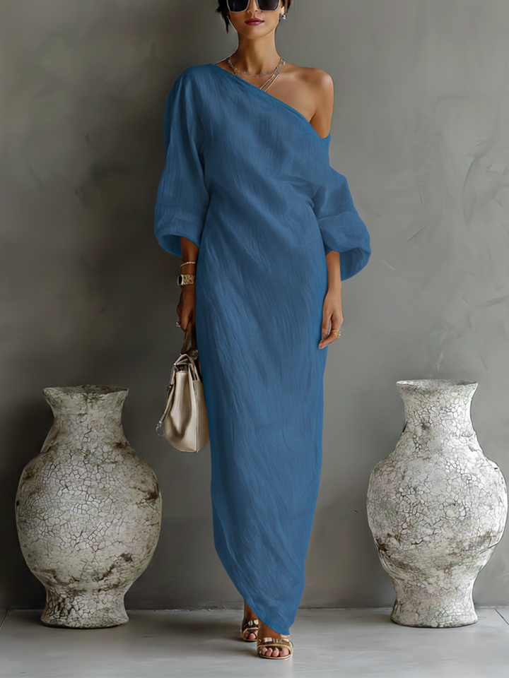 Ropa Elegante Fluida con Hombro Descubierto en Mezcla de Algodón-Lino Marfil Blanco MDA3032K4T