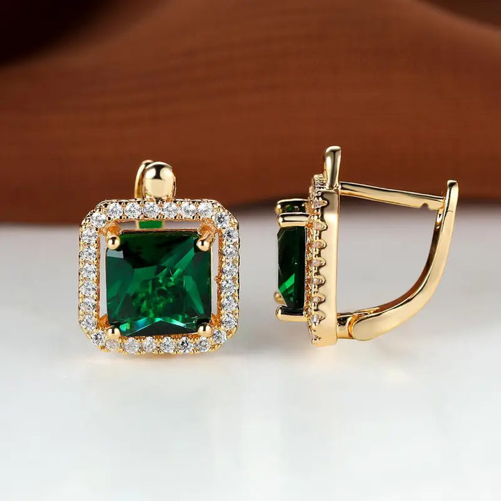 Pendientes de Oro con Zirconia Verde Cuadrada