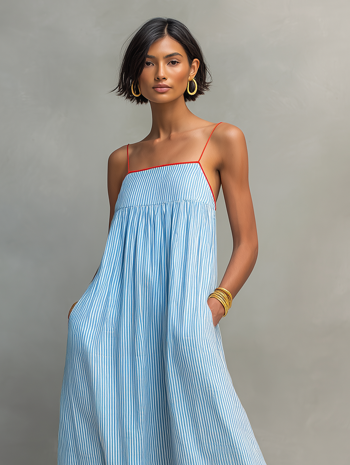 Vestido Maxi Rayado Minimalista para Mujeres con Acentos Rojos y Tirantes Espagueti MDZ2710C3Y