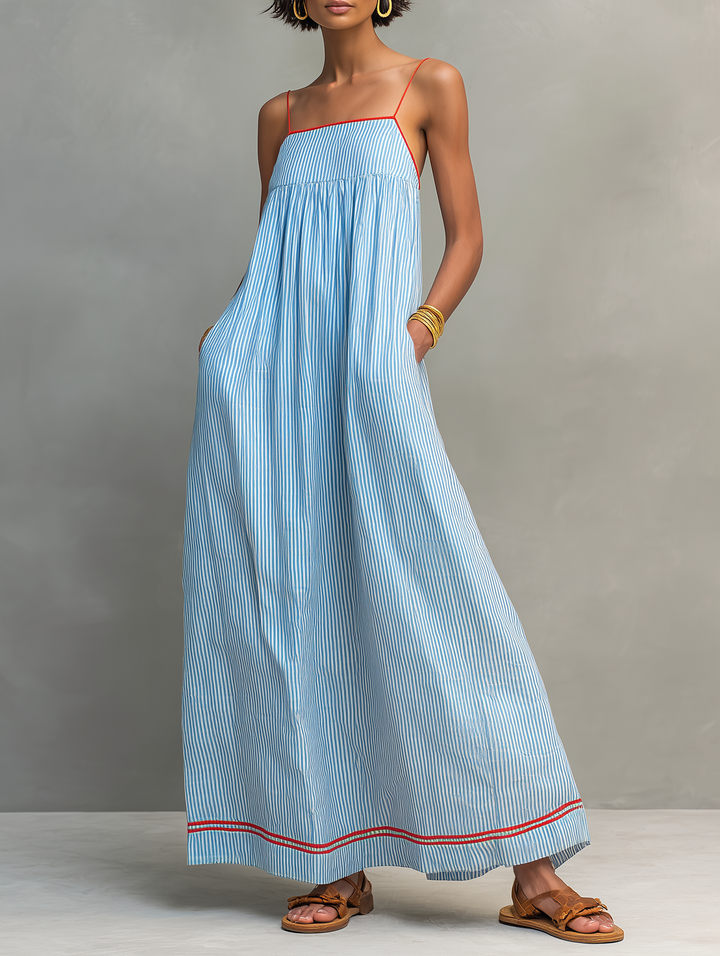 Vestido Maxi Rayado Minimalista para Mujeres con Acentos Rojos y Tirantes Espagueti MDZ2710C3Y