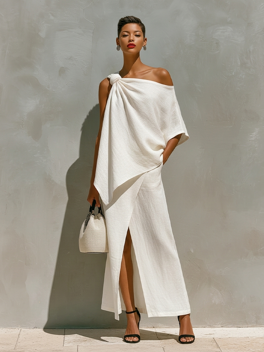 Conjunto de Lino Blanco para Mujeres con Detalle de Botón en Hombro Único y Abertura Frontal, Conjunto de Estilo Minimalista Atemporal MDZ2796C6I