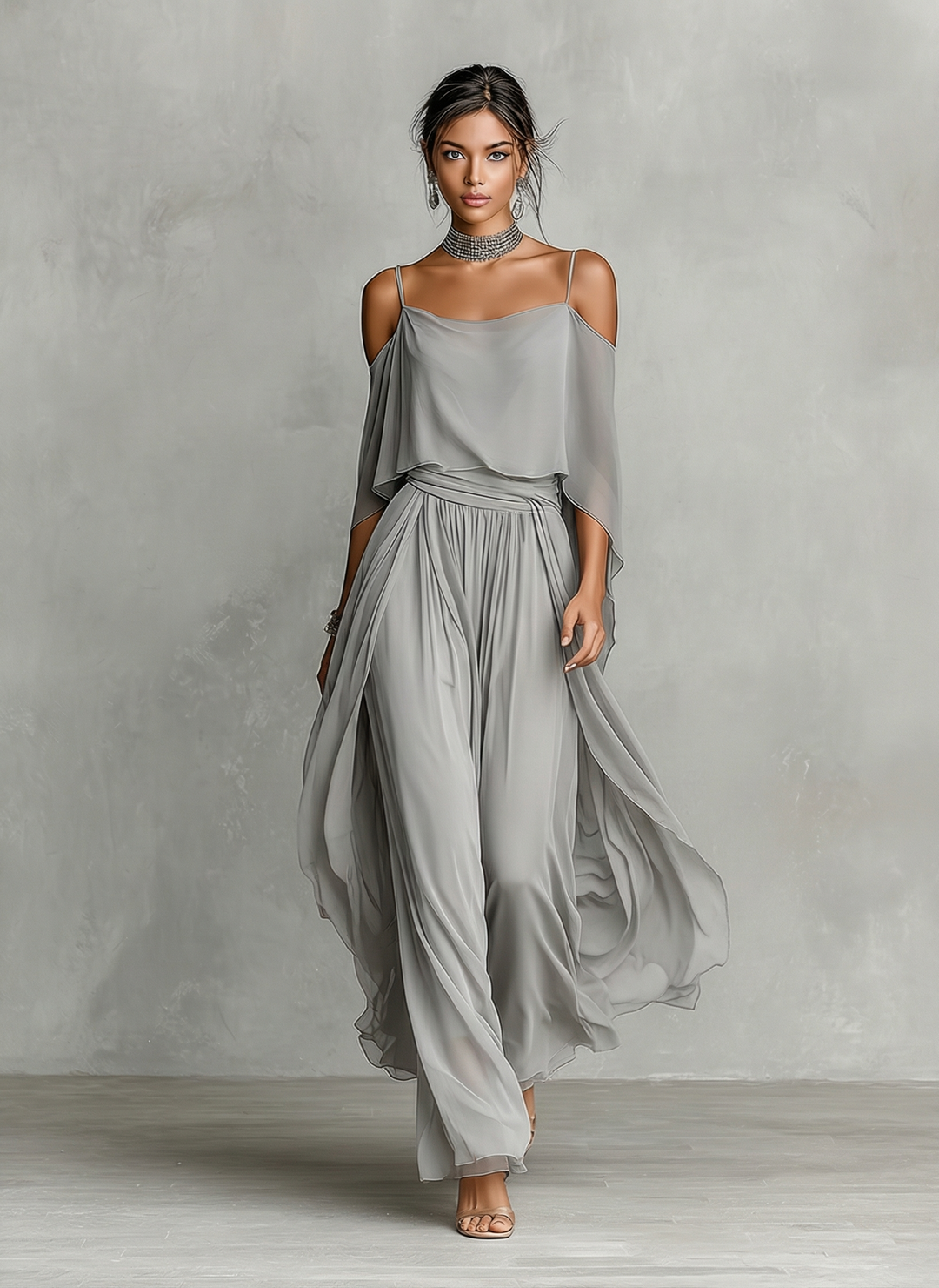 Conjunto de Chifón Transpirable Gris para Mujeres con Detalle de Hombro Descubierto & Silueta Acampanada, Estilo Femenino Lujo Contemporáneo MDZ2651B6I