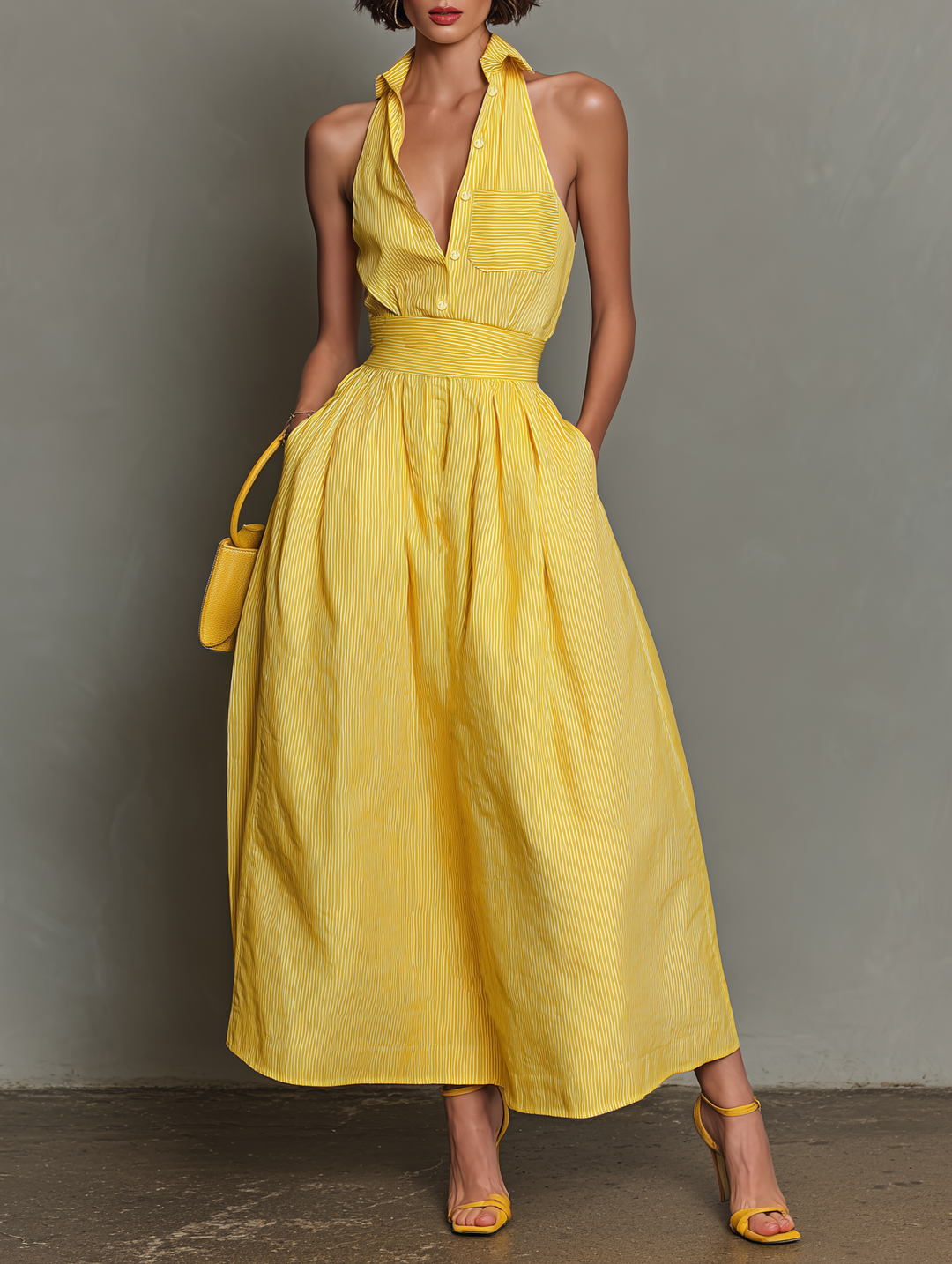 Vestido Maxi Sin Mangas con Cuello Rayado Minimalista para Mujeres MDZ1099D5Y