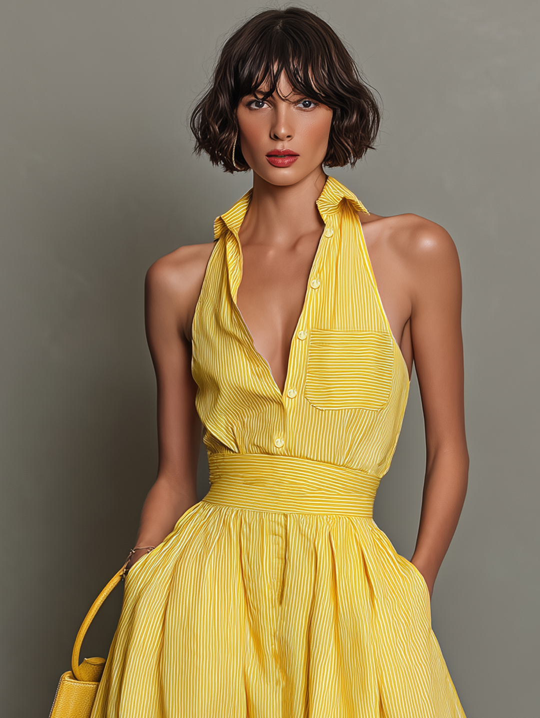 Vestido Maxi Sin Mangas con Cuello Rayado Minimalista para Mujeres MDZ1099D5Y
