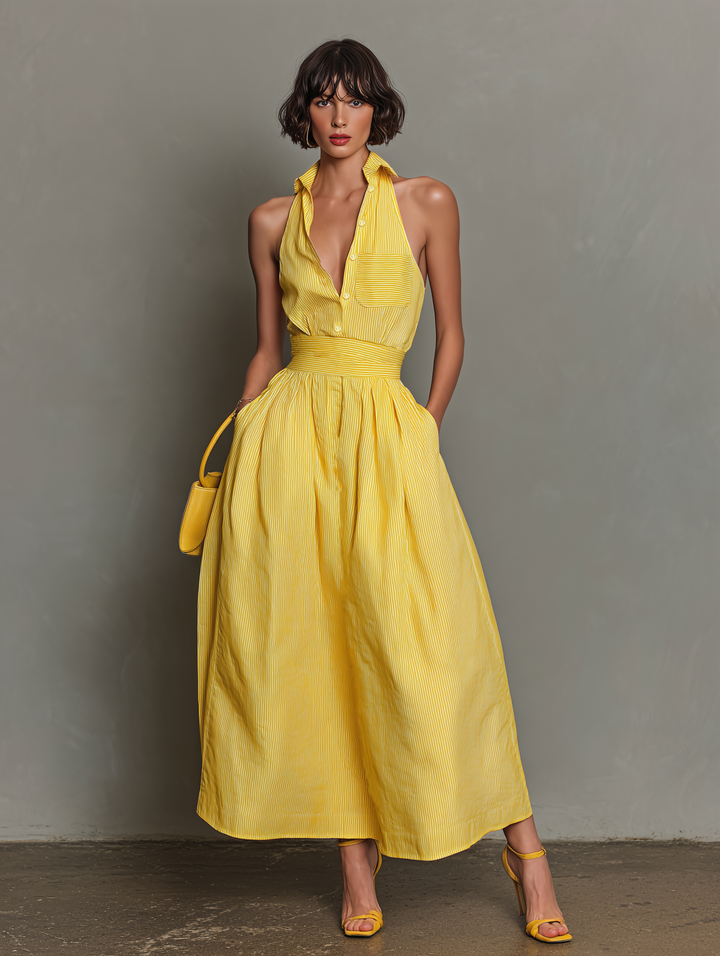 Vestido Maxi Sin Mangas con Cuello Rayado Minimalista para Mujeres MDZ1099D5Y