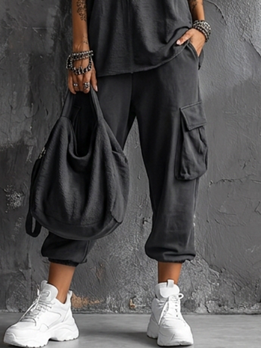 Conjunto de Top Sin Mangas en Mezcla de Algodón Gris Oscuro + Pantalón Cargo Jogger para Mujeres MDZ2365D7GMJ