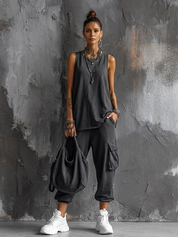 Conjunto de Top Sin Mangas en Mezcla de Algodón Gris Oscuro + Pantalón Cargo Jogger para Mujeres MDZ2365D7GMJ