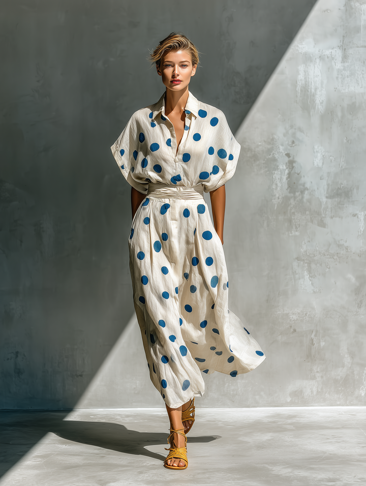 Vestido Camisero de Lino Mezclado Color Blanco Roto con Cinturón y Bolsillos para Mujeres MDZ2481D3T