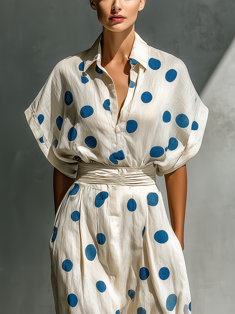 Vestido Camisero de Lino Mezclado Color Blanco Roto con Cinturón y Bolsillos para Mujeres MDZ2481D3T