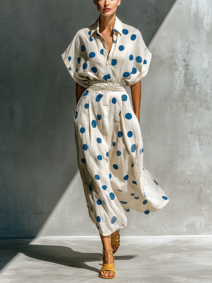 Vestido Camisero de Lino Mezclado Color Blanco Roto con Cinturón y Bolsillos para Mujeres MDZ2481D3T