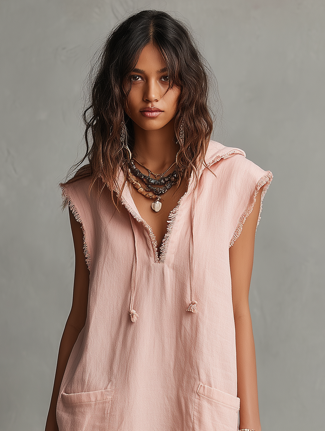 Vestido Mini de Mezcla de Lino Minimalista para Mujeres — Con Capucha, Sin Mangas, Dobladillo Crudo MDZ2961D3Y
