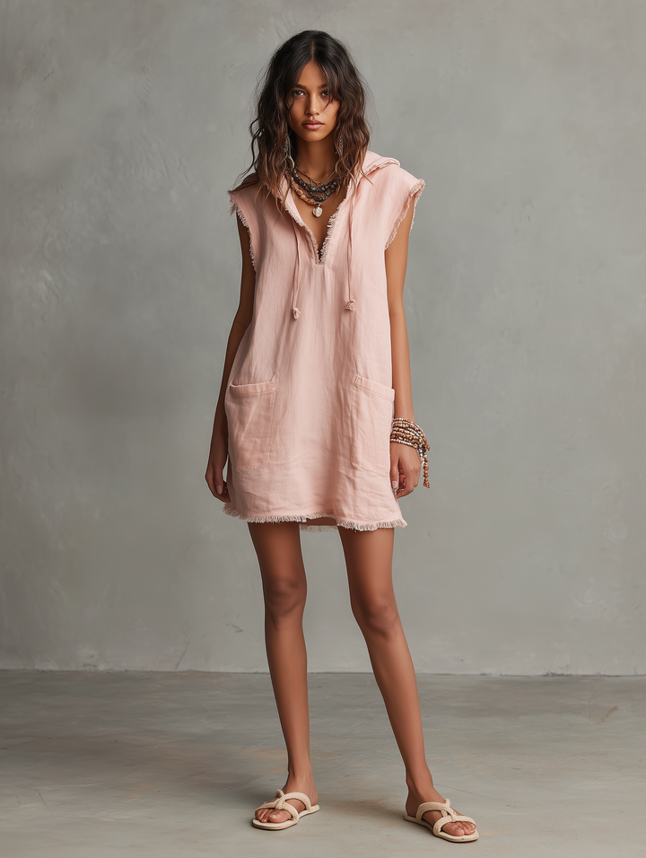 Vestido Mini de Mezcla de Lino Minimalista para Mujeres — Con Capucha, Sin Mangas, Dobladillo Crudo MDZ2961D3Y