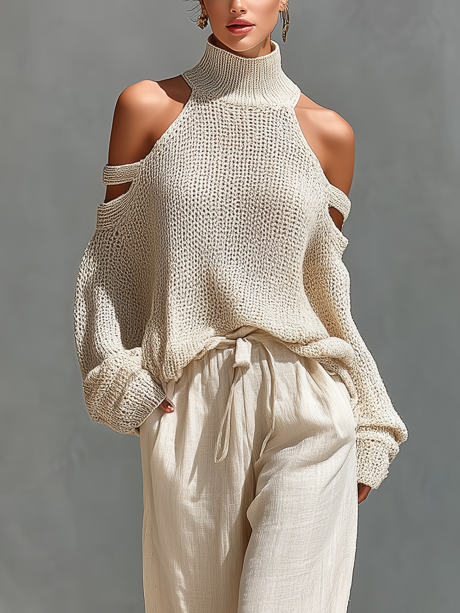 Suéter de Cuello Alto con Hombros Descubiertos de Algodón Tejido Beige para Mujeres & Conjunto de Pantalón Amplio MDZ0984A5T