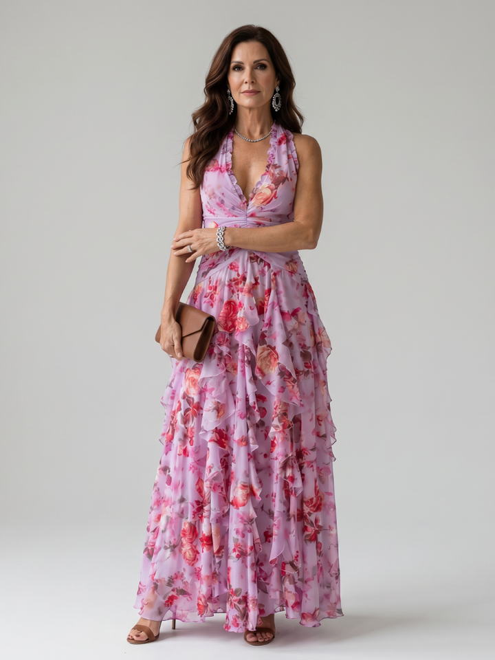 Nori | Vestido Maxi con Escote Halter y Corsé Fruncido Floral