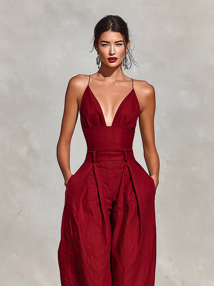 Mono de Lino Rojo para Mujeres con Tirantes Espagueti y Pantalón Plisado de Cintura Alta, Estilo Elegante y Romántico Atemporal MDZ1915C8I