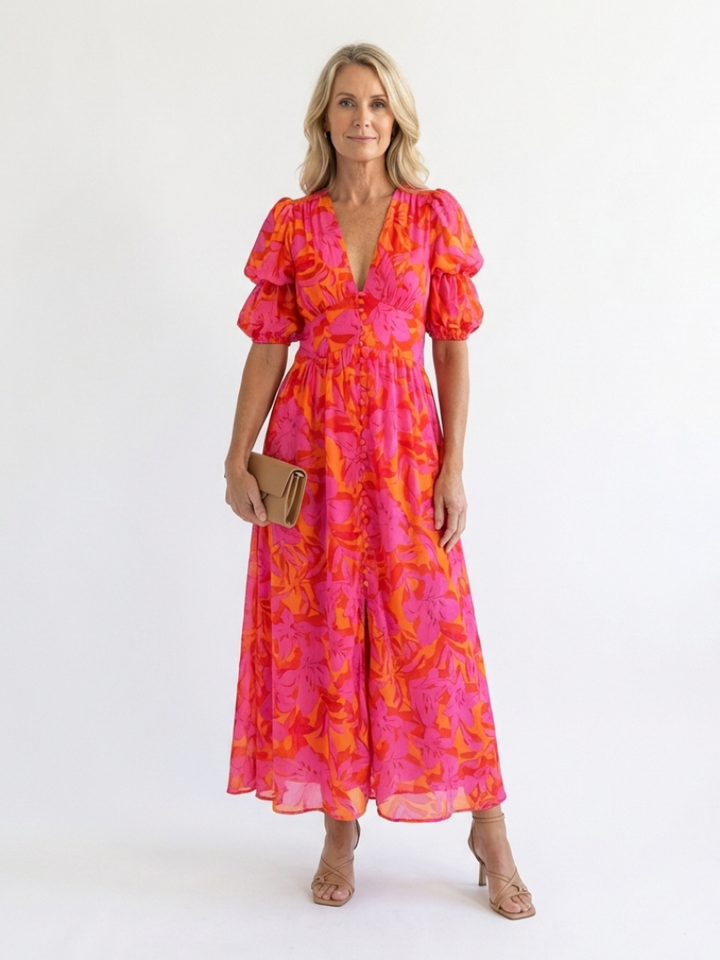 Saule | Robe midi à décolleté en V fleuri avec manches bouffantes