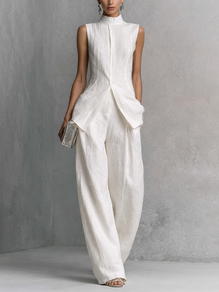 Conjunto de Top Sin Mangas y Pantalón Ancho de Algodón Lino Blanco Elegante para Mujeres MDZ0221B1BA