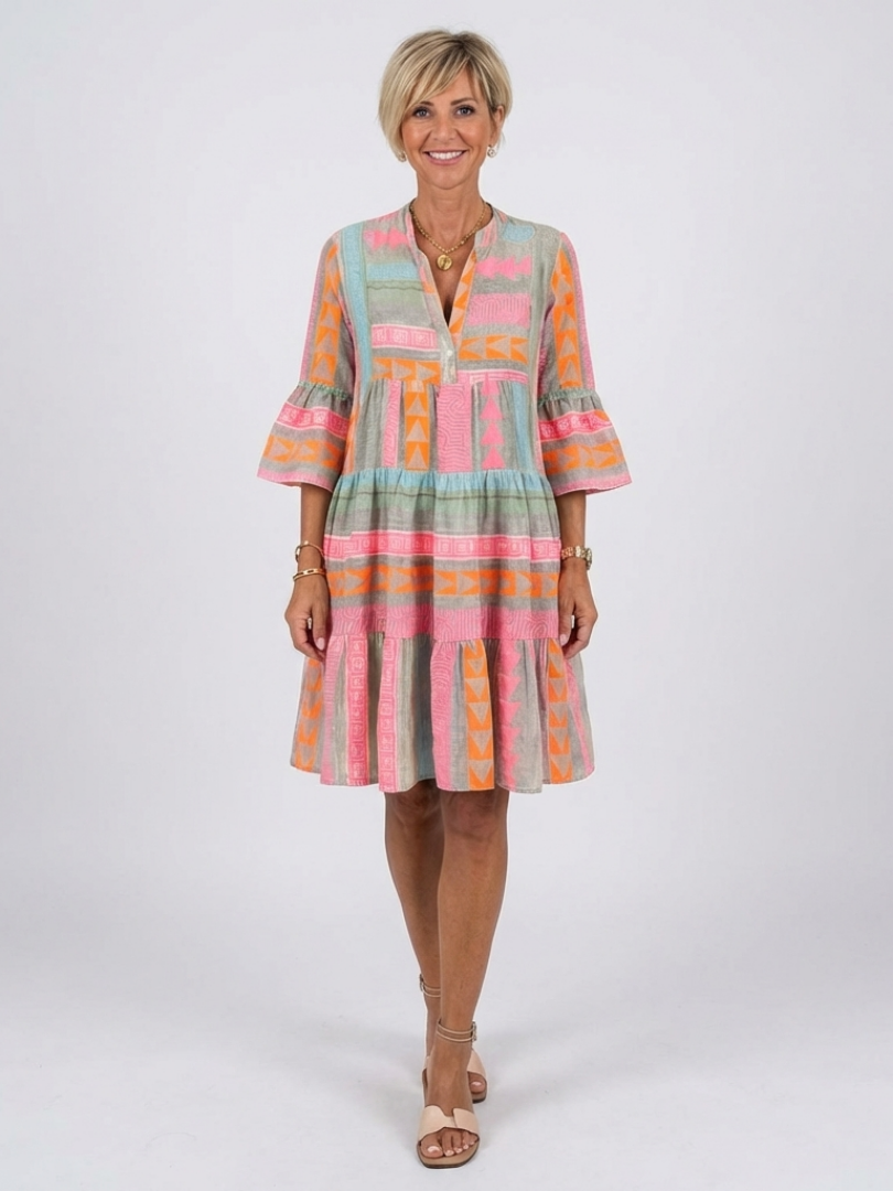Maelle | Vestido con escote en V y estampado geométrico, largo hasta la rodilla