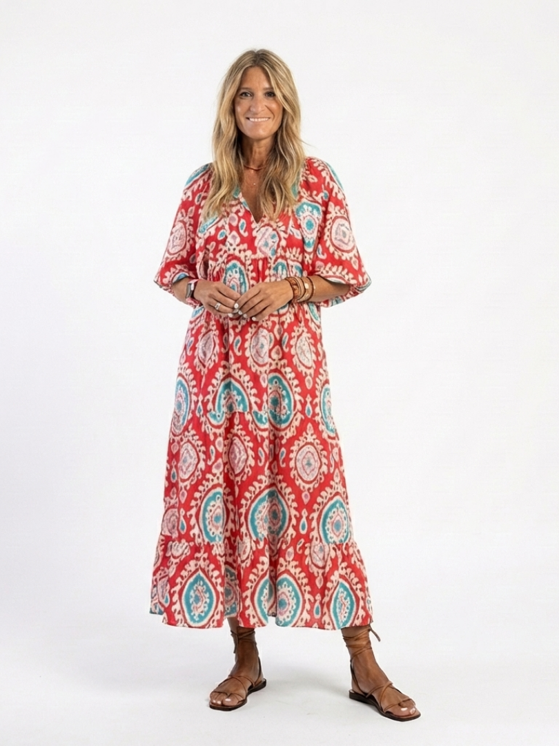 Zaria | Vestido midi con estampado paisley y escote en V con mangas cortas