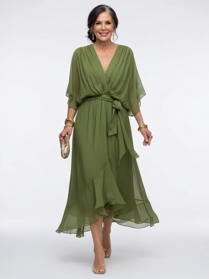 Elysia | Vestido midi drapeado con escote en V y cinturón en la cintura