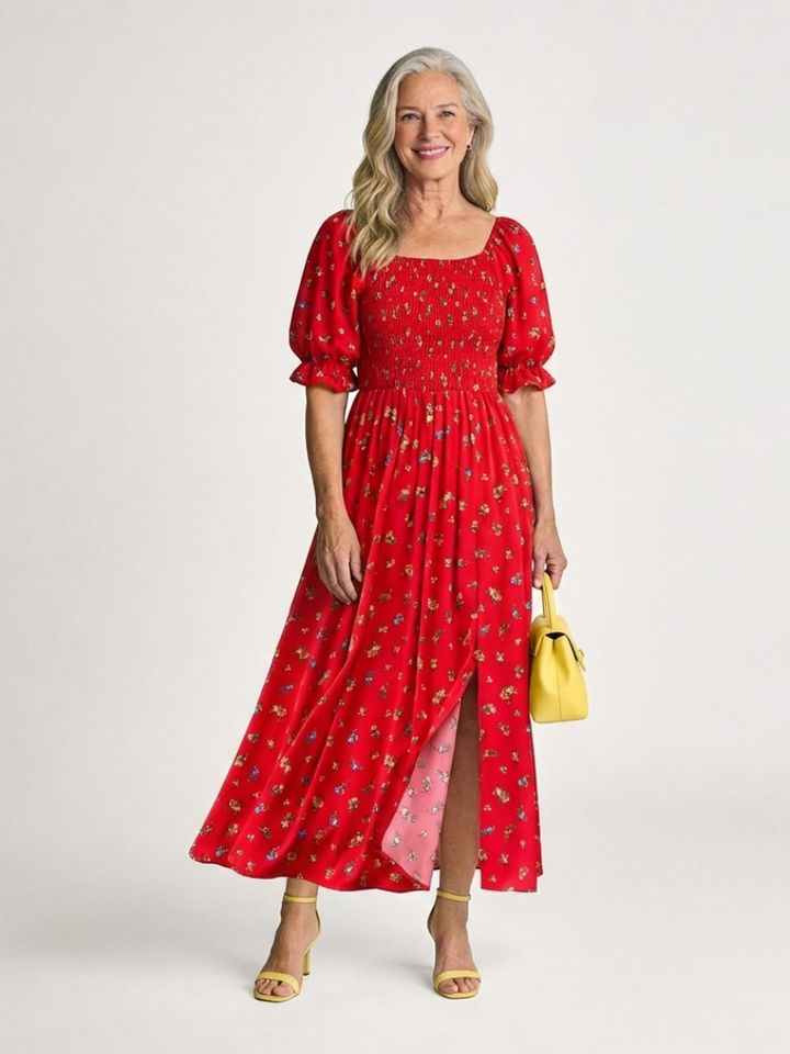 Delphine | Vestido midi con escote cuadrado y estampado floral