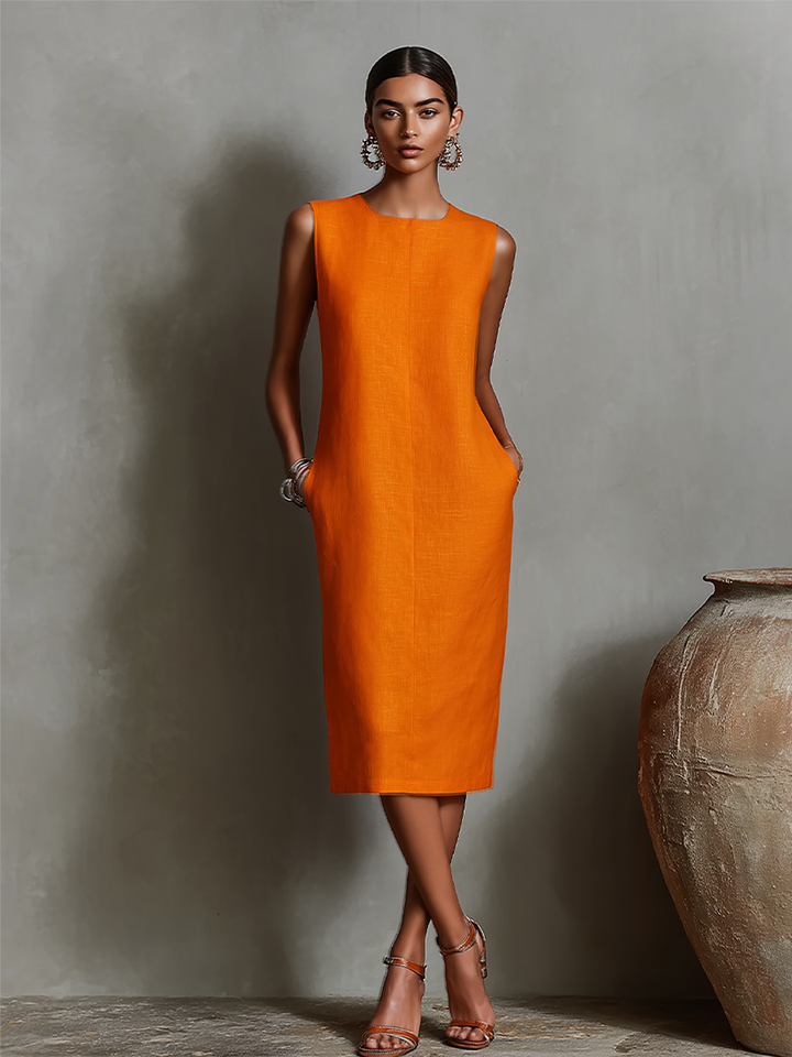 Ropa Shift de Lino Naranja para Mujeres con Cuello Redondo Sin Mangas y Bolsillos Laterales, Estilo Elegante Minimalista Atemporal MDZ2851C7I